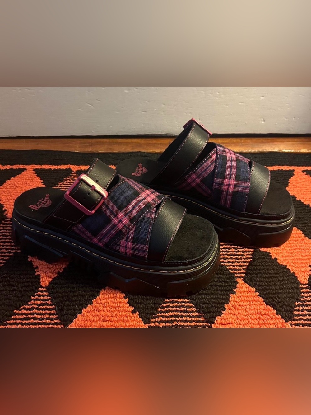 Dr. Martens Mattison Black & Pink Plaid Platform Slide Sandals